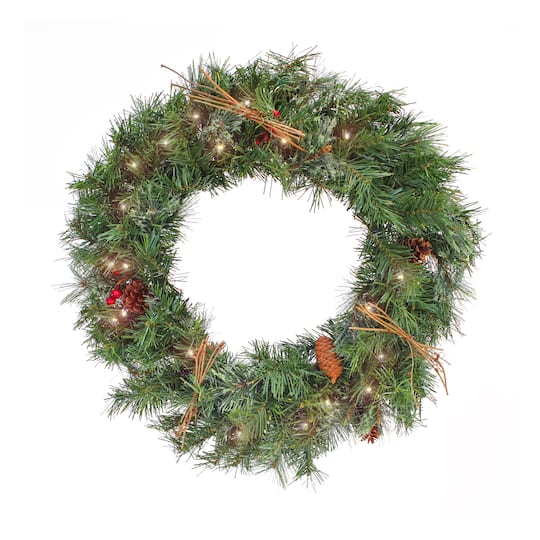 24" Pre-Lit Glistening Pine Wreath with Pinecones, Berries & Twigs, Warm White LED Lights